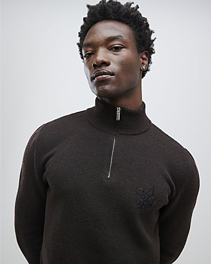 Brown Regular Fit Boucle Half Zip Jumpers