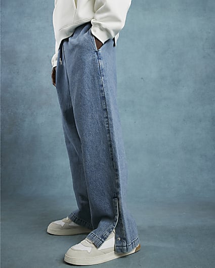 Blue Baggy Fit Popper Split Hem Denim Joggers