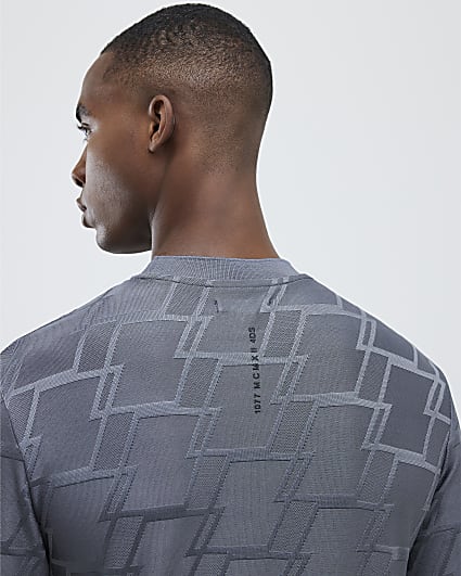 Grey Slim Fit Textured Geometric T-Shirt