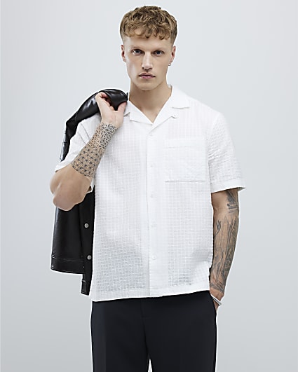 White Regular Fit Dobby Check Shirt