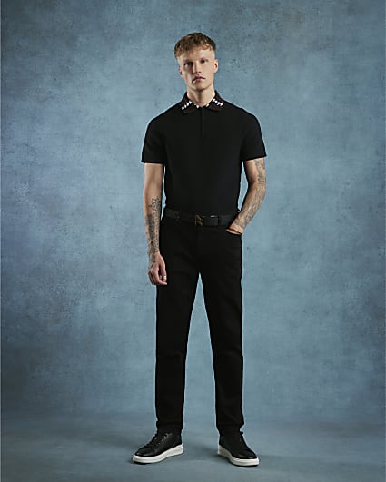 Black Slim Fit Check Collar Polo Shirt