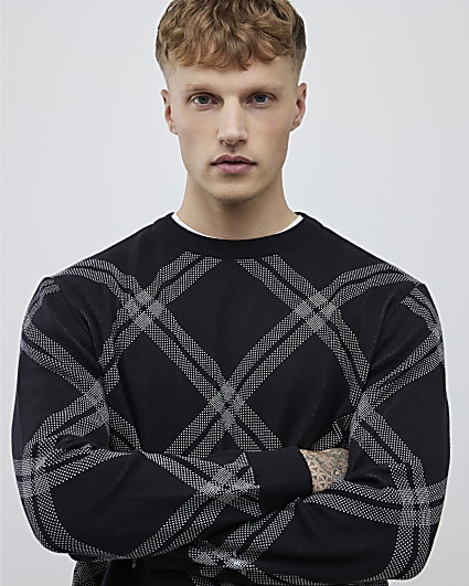 Black Knitted Long Sleeve Check Print Jumper