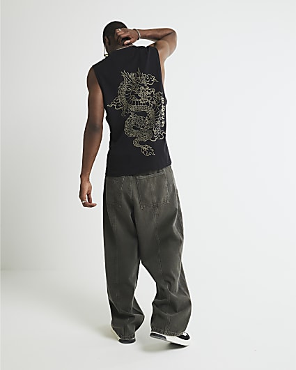 Black Regular Fit Dragon Print Tank Top