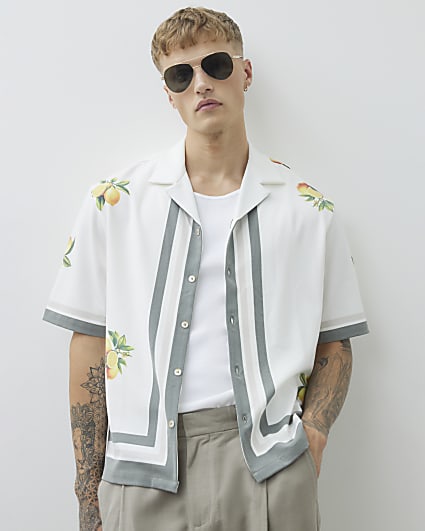 White Regular Fit Lemon Print Striped Shirt