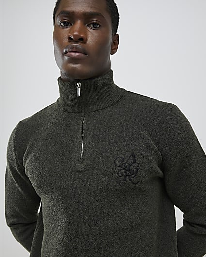 Khaki Regular Fit Boucle Half Zip Jumpers