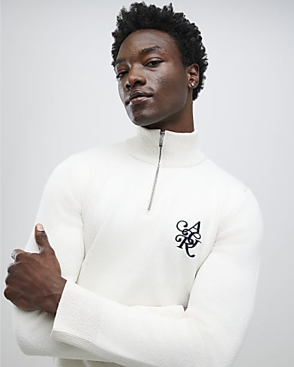 Ecru Regular Fit Boucle Half Zip Jumpers