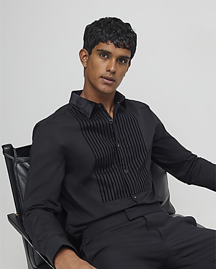 Black Slim Fit Velvet Stripe Shirt