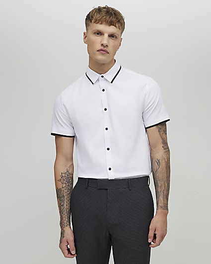 White Muscle Fit Tipped Shirt