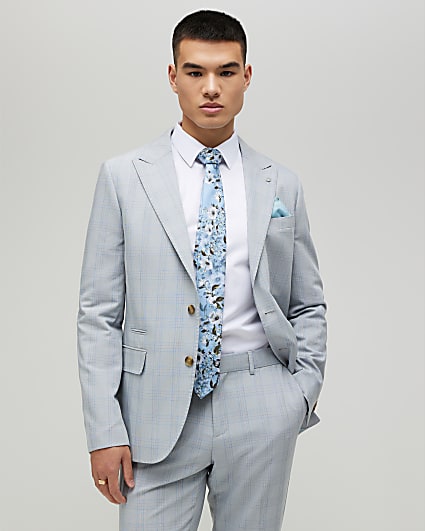 Blue Slim Fit Check Suit Jacket