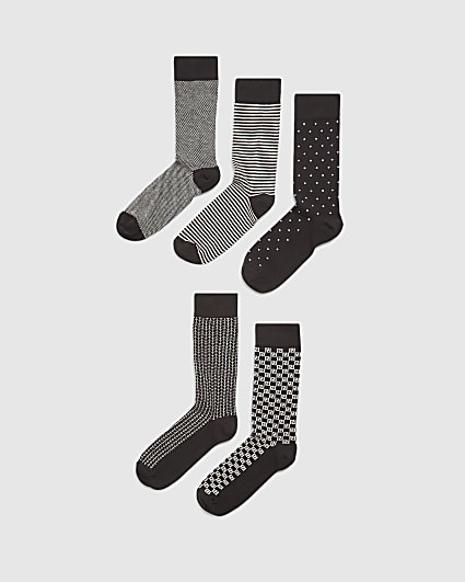 Black Monochrome Multi Design Pack Of 5 Socks