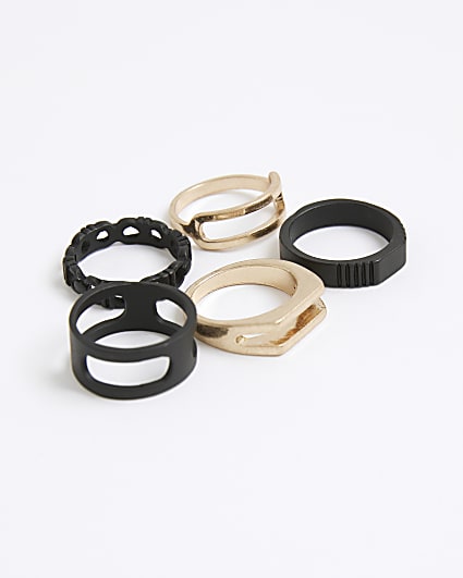 Black And Gold Metal Multi Pack Of 5 Rings