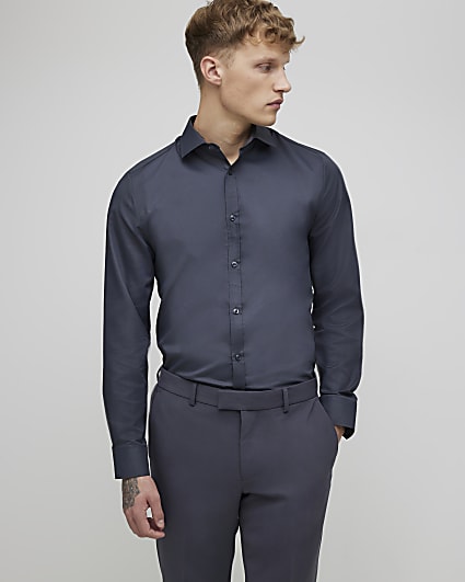 Grey Slim Fit Floral Trim Shirt