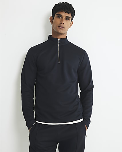 Navy Slim Fit Half Zip Funnel Sweatshirt