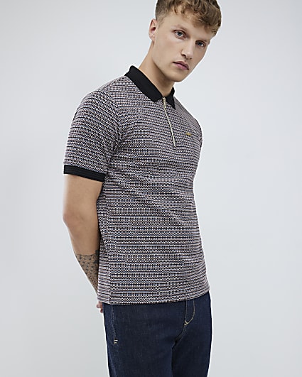 Black Slim Fit Stripe Zip Polo Shirt