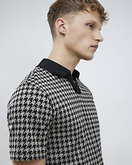 Black Slim Fit Open Neck Dogtooth Polo Shirt