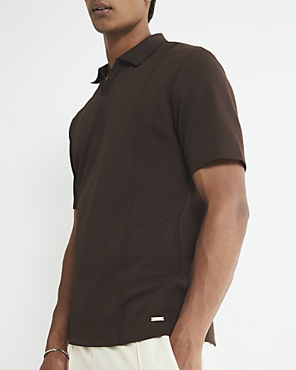 Brown Slim Fit Pintuck Open Collar Polo Shirt