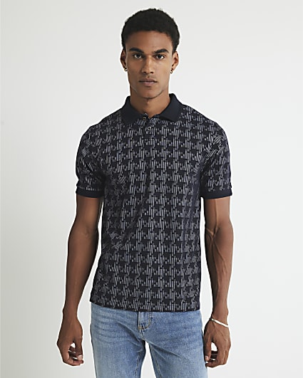 Navy Slim Fit Houndstooth Polo Shirt