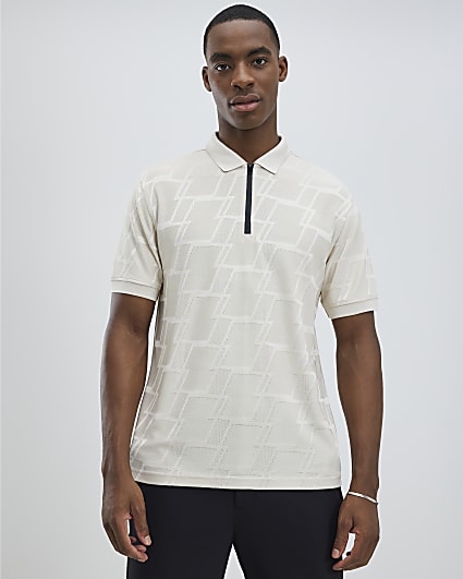 Beige Slim Fit Geometric Polo Shirt