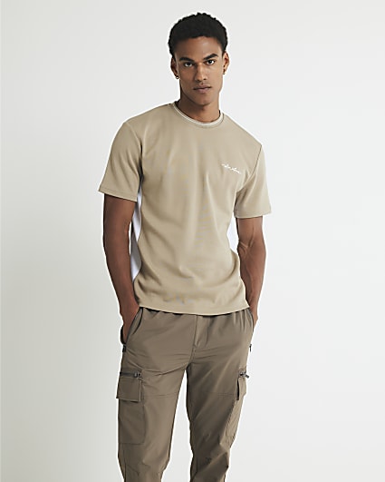 Beige Slim Fit Colour Block T-Shirt