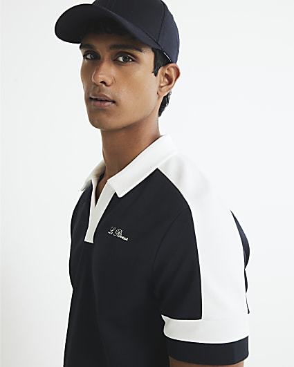Navy Slim Fit Open Collar Polo Shirt