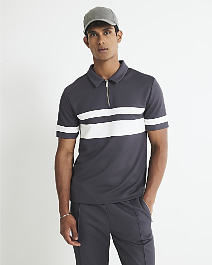 Grey Slim Fit Pique Colour Blocked Polo Shirt
