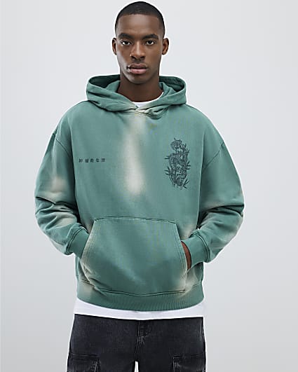 Green Oversized Fit Japanese Snake Hoodie