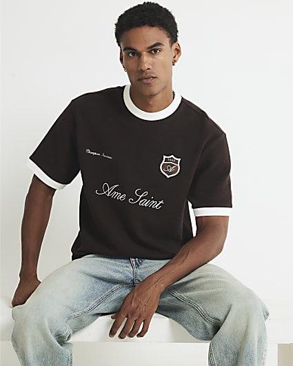 Brown Regular Fit Football Ottoman T-Shirt