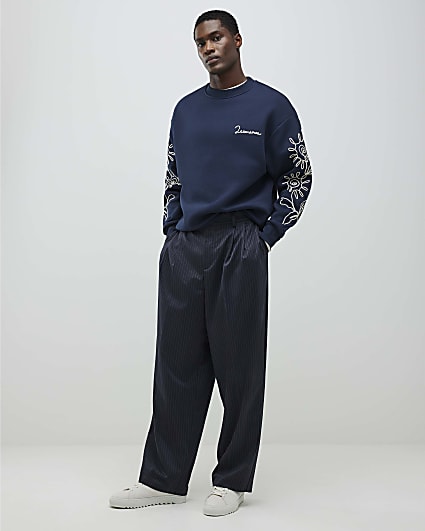 Navy Wide Leg Pinstripe Trousers