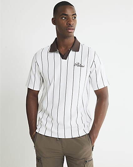 Brown Slim Fit Open Neck Pinstripe Polo Shirt
