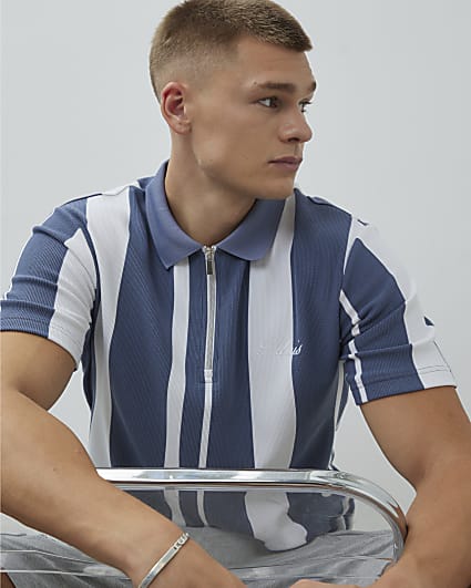Blue Slim Fit Striped Zipped Polo Shirt