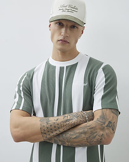 Khaki Slim Fit Open Neck Pinstripe Polo Shirt