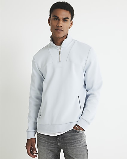 Blue Slim Fit Zipped Funnel Neck Sweatshirt