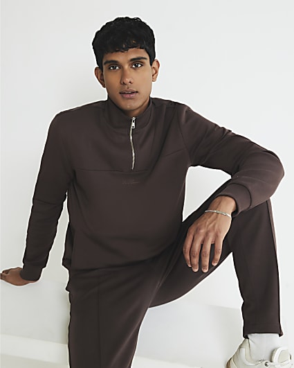 Brown Slim Fit Zipped Funnel Neck Sweatshirt