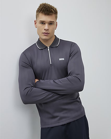 Grey Muscle Fit Les Amis Striped Polo Shirt