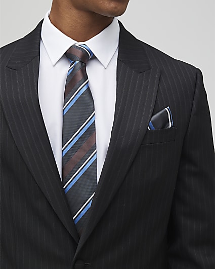 Navy Stripe Handkerchief And Tie Set