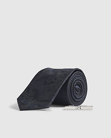 Navy Floral Tie and Bar