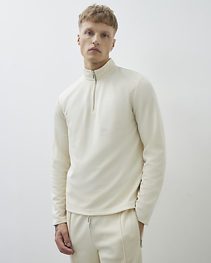 Cream Slim Fit Half Zip Funnel Sweatshirt