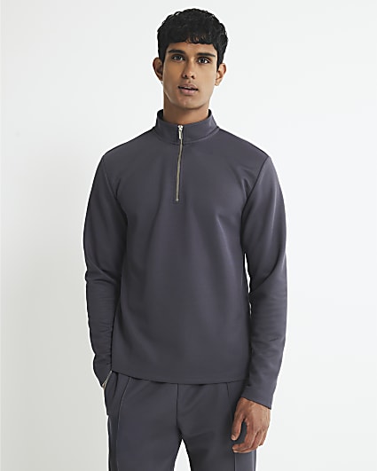 Grey Slim Fit Half Zip Funnel Sweatshirt