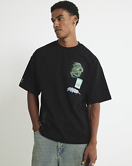 Black Oversized Fit Japanese Patch T-Shirt