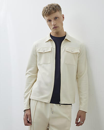Ecru Slim Fit Double Pocket Overshirt