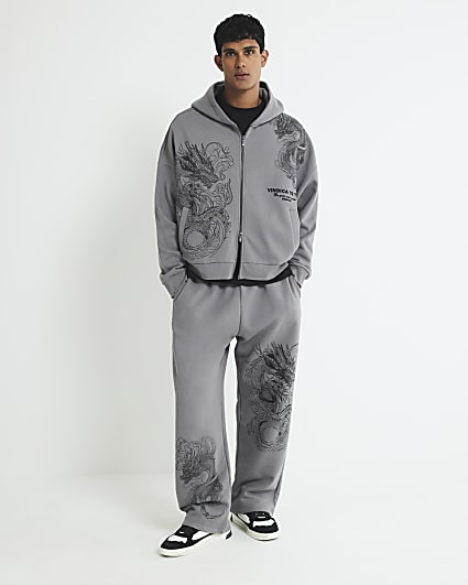Grey Wide Leg Dragon Print Joggers