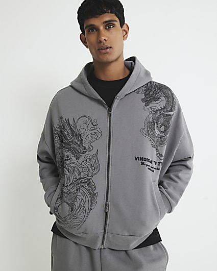 Grey Oversized Fit Zip Through Dragon Hoodie