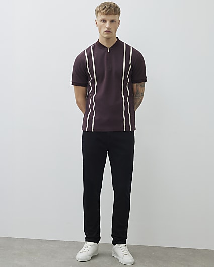 Red Slim Fit Taped Baseball Polo Shirt
