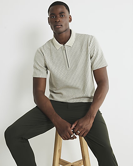 Grey Slim Fit Zip Striped Polo Shirt