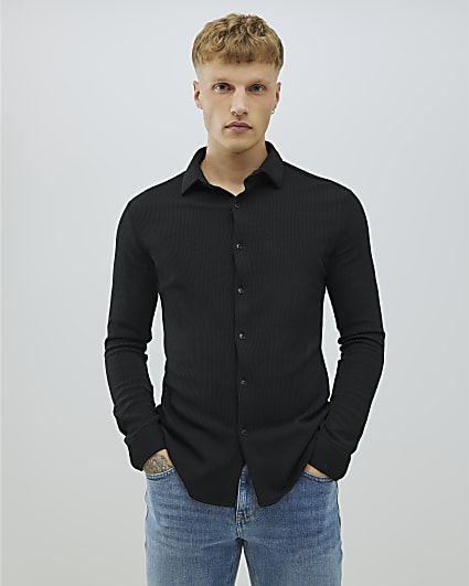 Black Muscle Fit Waffle Shirt