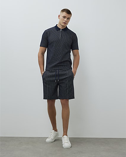 Navy Slim Fit Stitched Stripe Shorts