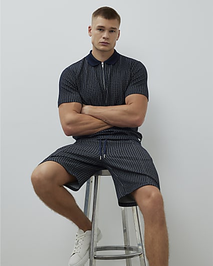 Navy Slim Fit Stitched Stripe Polo Shirt