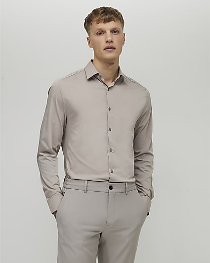 Beige Muscle Fit Long Sleeve Shirt