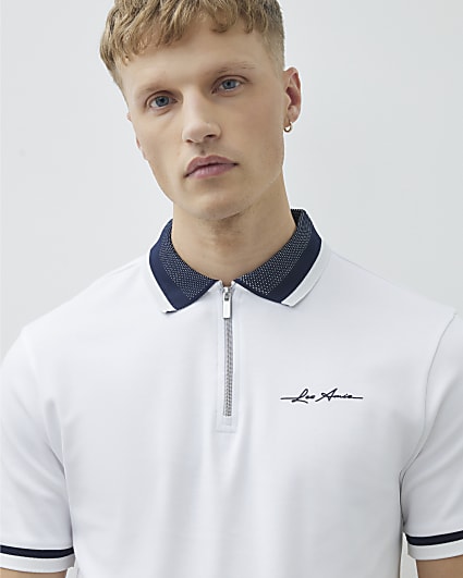 White Slim Fit Jacquard Collar Polo Shirt