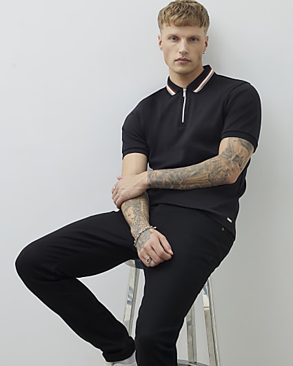 Black Slim Fit Striped Collar Polo Shirt